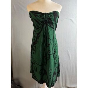 Wahine Toa Designs Dress Women's Large Strapless Dress Green Black Print Smocked